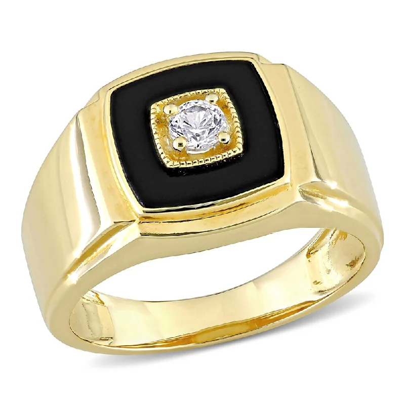 Alexandrite Gemstone Rings in Platinum with a Hidden Halo for a Rare and Luxurious PieceMiadora Yellow Plated Sterling Silver Men's Black Onyx & Created White Sapphire Halo Wedding Band