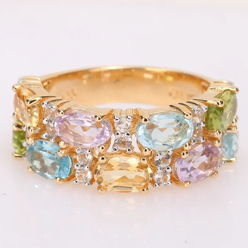 Emerald Gemstone Rings Set in Platinum with Filigree Work for a Vintage - Inspired LookMulti Color Blue Topaz, Rose De France, Citrine & Peridot Mosaic Ring in Yellow Plated Sterling Silver by Miadora