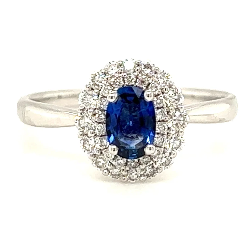 Sapphire Gemstone Rings in 18K White Gold with Diamond Accents for an Elegant EngagementOval Earth Grown Sapphire Double Halo in 18ct White Gold