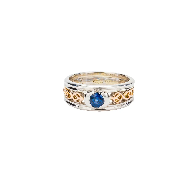 Vintage - Style Filigree Wedding Bands in 14K Gold for a Romantic and Antique - Inspired Aesthetic14k White and Rose Gold with Royal Blue Sapphire 'Skae'  Ring