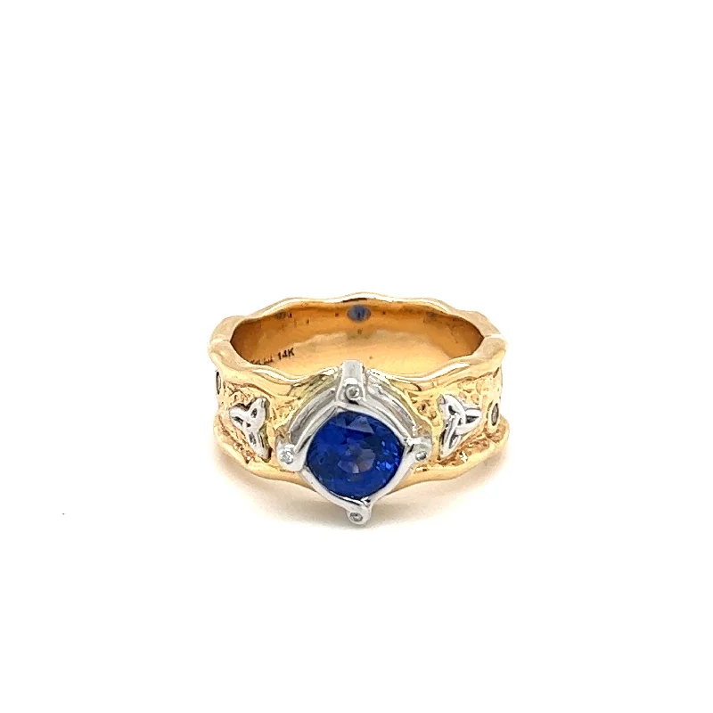 Art Deco - Inspired Wedding Bands with Geometric Patterns in Platinum for a Retro and Glamorous Style14k Yellow and White Gold Ring with Ceylon AAA Blue Sapphire 'Rocks 'n Rivers' Ring