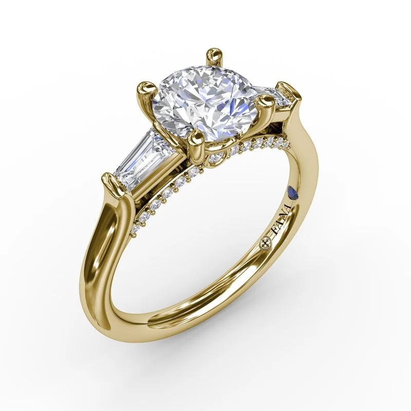 Cathedral - Style Engagement Rings with a Raised Center Stone and Intricate MetalworkThree-Stone Round Diamond Engagement Ring With Bezel-Set Baguettes