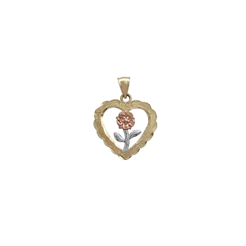 Pearl - Embellished Floral Pendant for a Feminine and Romantic LookTwo-Tone Long Stem Rose Heart Frame Pendant (14K)