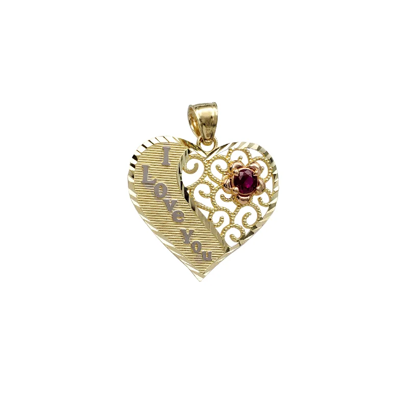 Retro - Inspired Art Deco - Patterned Pendant in Silver for Vintage Lovers"I LOVE YOU " Heart Pendant (14K)