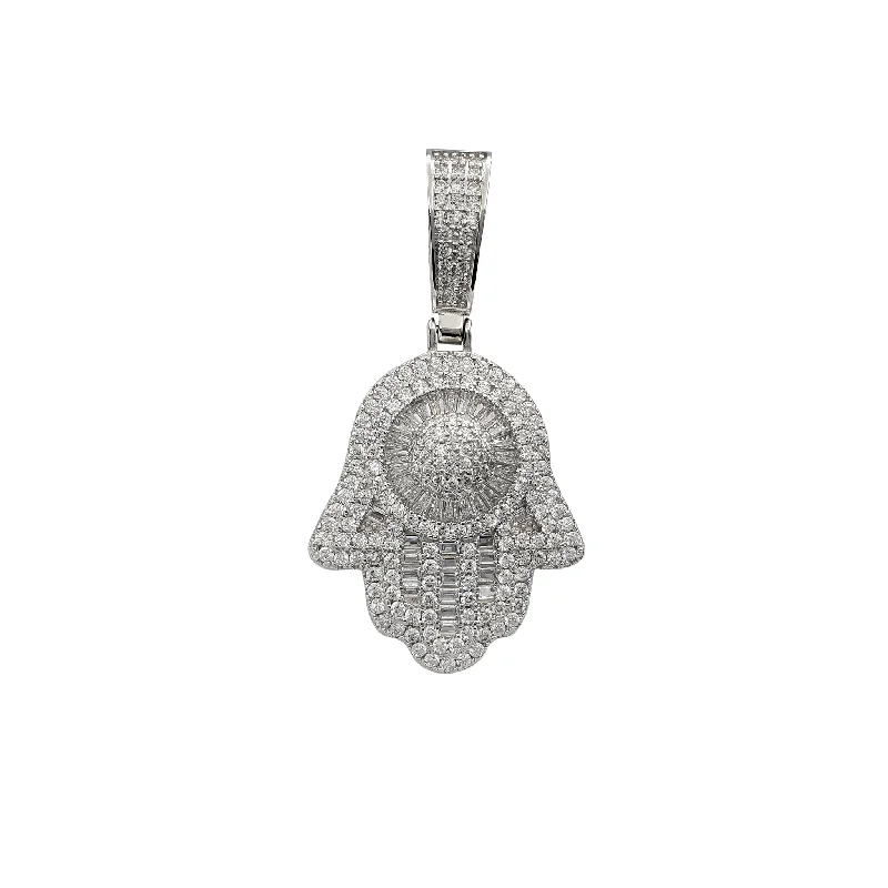 Magnetic - Locking Pendant with Hidden Compartment for Secret MessagesZirconia Iced-Out Hamsa Hand Pendant (Silver)